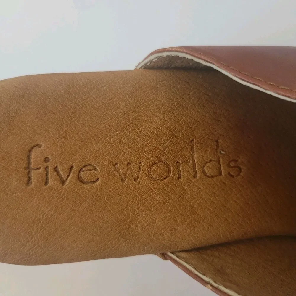 NWOT Five Words Brown Leather Wooden Platform Heel Studded Clogs Size 8 - Picture 9 of 12